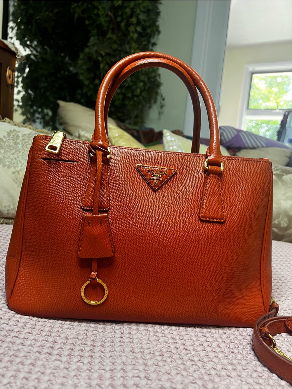 Prada Saffiano Lux Double Zip Orange Leather Tote Shoulder Bag COA